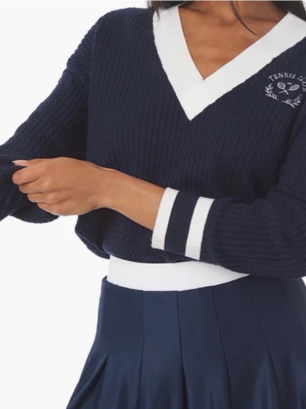 WeWoreWhat Tennis Club V-Neck Cable Knit Sweater Navy White Size M/L